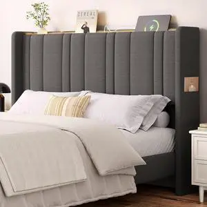 Queen Headboard with Storage, Linen Vertical Wingback, Dark Grey Queen Headboard with Storage, Linen Vertical Wingback, Dark Grey