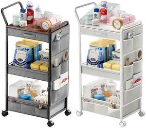 3-Tier Diaper Caddy Organizer - Rolling Utility Baby Cart with Drawer and Side Pockets for Nursery and Baby Essentials, Multi-Function Cart for Bedroom and Bathroom 3-Tier Diaper Caddy Organizer - Rolling Utility Baby Cart with Drawer and Side Pockets for Nursery and Baby Essentials, Multi-Function Cart for Bedroom and Bathroom