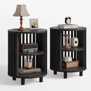 Round End Table Set of 2,Wood Side Tables for Living Room,Black Round End Table Set of 2,Wood Side Tables for Living Room,Black