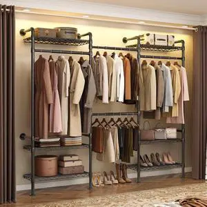 3-Bay Industrial Pipe Closet System, Wall Mounted Garment Racks, Black 3-Bay Industrial Pipe Closet System, Wall Mounted Garment Racks, Black