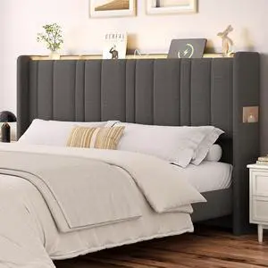 King Headboard with Storage, Linen Vertical Wingback, Dark Grey King Headboard with Storage, Linen Vertical Wingback, Dark Grey