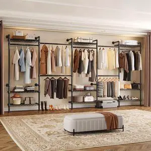 5-Bay Wall-Mounted Closet System, Expandable Industrial Pipe Clothing Racks 5-Bay Wall-Mounted Closet System, Expandable Industrial Pipe Clothing Racks