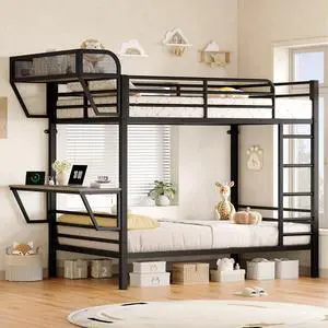 Bunk Bed Twin Over Twin, Metal Bunk Beds with Desk, Black Bunk Bed Twin Over Twin, Metal Bunk Beds with Desk, Black