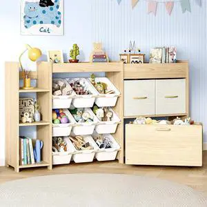 5-in-1 Toy Storage Organizer, 3-Tier Bookshelf, 9 Bins, Toy Chest 5-in-1 Toy Storage Organizer, 3-Tier Bookshelf, 9 Bins, Toy Chest