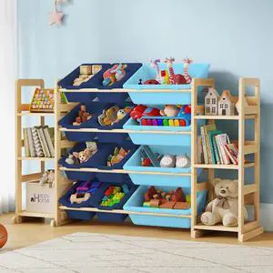 Extra Large Toy Storage - Toy Storage Organizer, Wooden Toy Organizer with 6 Side Shelves and 12 Bins, 3-in-1 Bookshelf for Kids Rooms, Playroom, Nursery, Blue Extra Large Toy Storage - Toy Storage Organizer, Wooden Toy Organizer with 6 Side Shelves and 12 Bins, 3-in-1 Bookshelf for Kids Rooms, Playroom, Nursery, Blue