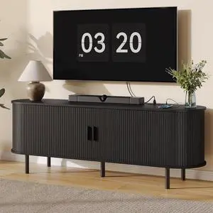63" TV Stand with Storage for TVs up to 70", Fluted Entertainment Center with Power Outlet, Modern Media Console with Sliding Door, Adjustable Shelves, TV Stands for Living Room, Black 63" TV Stand with Storage for TVs up to 70", Fluted Entertainment Center with Power Outlet, Modern Media Console with Sliding Door, Adjustable Shelves, TV Stands for Living Room, Black