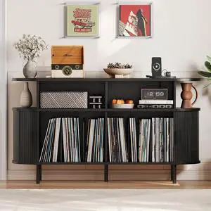 Mid Century Modern Record Player Cabinet with Vinyl Storage (Black) Mid Century Modern Record Player Cabinet with Vinyl Storage (Black)
