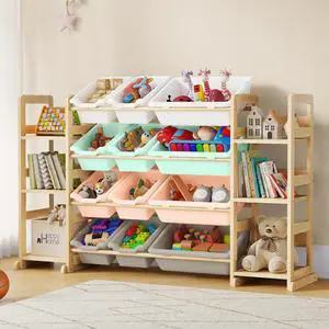 Extra Large Toy Storage - Toy Storage Organizer, Wooden Toy Organizer with 6 Side Shelves and 12 Bins, 3-in-1 Bookshelf for Kids Rooms, Playroom, Nursery, Multi Color Extra Large Toy Storage - Toy Storage Organizer, Wooden Toy Organizer with 6 Side Shelves and 12 Bins, 3-in-1 Bookshelf for Kids Rooms, Playroom, Nursery, Multi Color