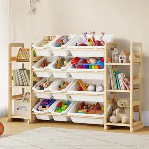 Extra Large Toy Storage - Toy Storage Organizer, Wooden Toy Organizer with 6 Side Shelves and 12 Bins, 3-in-1 Bookshelf for Kids Rooms, Playroom, Nursery, White Extra Large Toy Storage - Toy Storage Organizer, Wooden Toy Organizer with 6 Side Shelves and 12 Bins, 3-in-1 Bookshelf for Kids Rooms, Playroom, Nursery, White