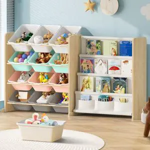 Kids Toy Storage Organizer with Bookshelf - 12 Multi-Color Bins and 4 Book Shelves, Organizers and Storage for Playroom, Nursery, Room, Burlywood Kids Toy Storage Organizer with Bookshelf - 12 Multi-Color Bins and 4 Book Shelves, Organizers and Storage for Playroom, Nursery, Room, Burlywood