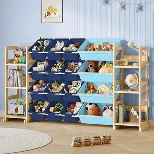 Extra Large Toy Storage - Toy Storage Organizer, Wooden Toy Organizer with 6 Side Shelves and 16 Bins, 3-in-1 Bookshelf for Kids Rooms, Playroom, Nursery, Blue Extra Large Toy Storage - Toy Storage Organizer, Wooden Toy Organizer with 6 Side Shelves and 16 Bins, 3-in-1 Bookshelf for Kids Rooms, Playroom, Nursery, Blue