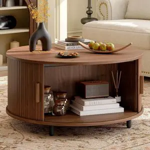 31.5 Inch Round Coffee Table, Mid-Century Modern Coffee Table wtih Storage, Fluted Coffee Table with Adjustable Footpads, 360° Rotating Sliding Door, Center Table for Living Room (Walnut) 31.5 Inch Round Coffee Table, Mid-Century Modern Coffee Table wtih Storage, Fluted Coffee Table with Adjustable Footpads, 360° Rotating Sliding Door, Center Table for Living Room (Walnut)