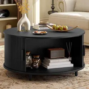 31.5 Inch Round Coffee Table, Mid-Century Modern Coffee Table wtih Storage, Fluted Coffee Table with Adjustable Footpads, 360° Rotating Sliding Door, Center Table for Living Room (Black) 31.5 Inch Round Coffee Table, Mid-Century Modern Coffee Table wtih Storage, Fluted Coffee Table with Adjustable Footpads, 360° Rotating Sliding Door, Center Table for Living Room (Black)