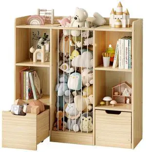 Toy Storage Organizer with Stuffed Animal Storage, Solid Pine Wooden Toy Organizer & Stuffed Animal Zoo, 4 Cubes Shelf with 2 Movable Drawers, 4 -in-1 Book Shelf for Kids Room, Playroom, Nursery Toy Storage Organizer with Stuffed Animal Storage, Solid Pine Wooden Toy Organizer & Stuffed Animal Zoo, 4 Cubes Shelf with 2 Movable Drawers, 4 -in-1 Book Shelf for Kids Room, Playroom, Nursery