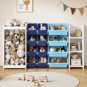 3-in-1 Kids Toy Storage Organizer, White Solid Wood, Blue Bins 3-in-1 Kids Toy Storage Organizer, White Solid Wood, Blue Bins