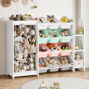 3-in-1 Toy Storage Organizer, White Solid Wood, Colorful Bins 3-in-1 Toy Storage Organizer, White Solid Wood, Colorful Bins