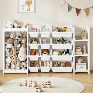 3-in-1 Kids Toy Storage Organizer, White Solid Wood, White Bins 3-in-1 Kids Toy Storage Organizer, White Solid Wood, White Bins