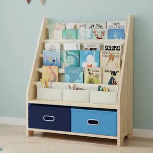 4 Tier Kids Bookshelf with Storage Bins, Solid Wood Toddler Book Shelf and Toy Organizer, Sling Book Rack for Kids Room, Nursery, Playroom, Blue 4 Tier Kids Bookshelf with Storage Bins, Solid Wood Toddler Book Shelf and Toy Organizer, Sling Book Rack for Kids Room, Nursery, Playroom, Blue