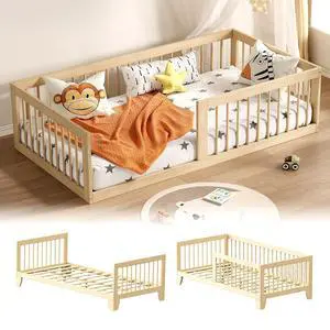 Montessori Toddler Bed, Variable Twin Floor Bed Frame with Removable Guardrails and Legs, Low Wooden Kids Bed with 10 Slats and Supporting keel, Crib-to-Bed Transition for Bedroom or Nursery Montessori Toddler Bed, Variable Twin Floor Bed Frame with Removable Guardrails and Legs, Low Wooden Kids Bed with 10 Slats and Supporting keel, Crib-to-Bed Transition for Bedroom or Nursery