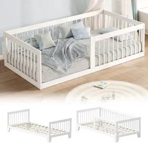 Montessori Toddler Bed, Variable Twin Floor Bed Frame with Removable Guardrails and Legs, Low Wooden Kids Bed with 12 Slats and Supporting keel, Crib-to-Bed Transition for Bedroom or Nursery, White Montessori Toddler Bed, Variable Twin Floor Bed Frame with Removable Guardrails and Legs, Low Wooden Kids Bed with 12 Slats and Supporting keel, Crib-to-Bed Transition for Bedroom or Nursery, White