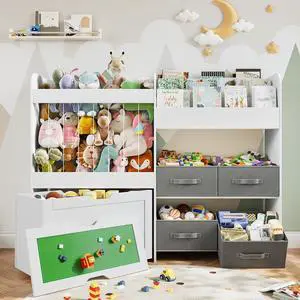 51.1" W Large Toy Storage Organizer with Stuffed Animal Storage, Kids Bookshelf with 4 Removable Toy Bins, Movable Toy Box with Buildable Baseplate Lid for Lego Bricks, Ideal for Kids Room Playroom 51.1" W Large Toy Storage Organizer with Stuffed Animal Storage, Kids Bookshelf with 4 Removable Toy Bins, Movable Toy Box with Buildable Baseplate Lid for Lego Bricks, Ideal for Kids Room Playroom