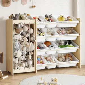 Kids Toy Storage Organizer, 2-in-1 Stuffed Animal Storage & Toy Organizer w/12 Bins, Solid Wood Toy Rack Featuring Thicker Elastic Ropes to Hold Toys, Playroom Nursery Bedroom Storage, White Kids Toy Storage Organizer, 2-in-1 Stuffed Animal Storage & Toy Organizer w/12 Bins, Solid Wood Toy Rack Featuring Thicker Elastic Ropes to Hold Toys, Playroom Nursery Bedroom Storage, White