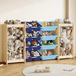 Large Toy Storage Organizer, Wooden Stuffed Animal Storage & 12-Bins Toy Organizer, Double-Sided Plush Toy Holder Featuring Thicker Ropes, Space Save Bedroom Nursery Playroom Storage, Blue Large Toy Storage Organizer, Wooden Stuffed Animal Storage & 12-Bins Toy Organizer, Double-Sided Plush Toy Holder Featuring Thicker Ropes, Space Save Bedroom Nursery Playroom Storage, Blue