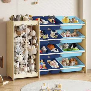 Kids Toy Storage Organizer, 2-in-1 Stuffed Animal Storage & Toy Organizer w/12 Bins, Solid Wood Toy Rack Featuring Thicker Elastic Ropes, Playroom Nursery Bedroom Storage, Blue Kids Toy Storage Organizer, 2-in-1 Stuffed Animal Storage & Toy Organizer w/12 Bins, Solid Wood Toy Rack Featuring Thicker Elastic Ropes, Playroom Nursery Bedroom Storage, Blue