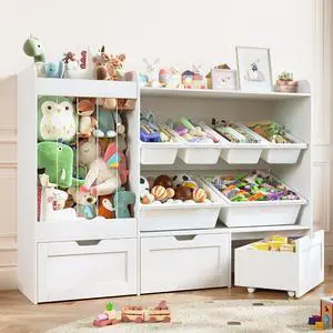 Kids Toy Storage, 50.6" W x 41.3" H Large Toy Organizers and Storage Cabinet with 6 Plastic Bins, 3 Rolling Drawers, Stuffed Animal Zoo, Wooden Organization Shelf for Playroom, Nursery(White) Kids Toy Storage, 50.6" W x 41.3" H Large Toy Organizers and Storage Cabinet with 6 Plastic Bins, 3 Rolling Drawers, Stuffed Animal Zoo, Wooden Organization Shelf for Playroom, Nursery(White)