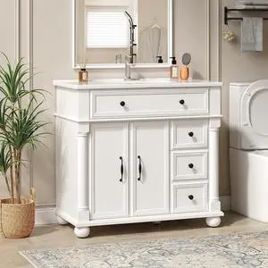 36" Freestanding Bathroom Vanity with Ceramic Sink, White 36" Freestanding Bathroom Vanity with Ceramic Sink, White
