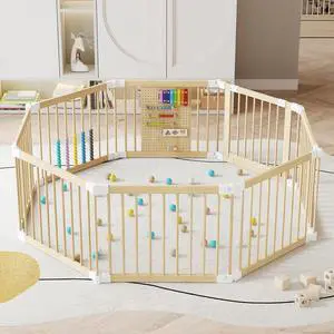 Wooden Baby Playpen, 58x58x23 in Foldable Solid Wood Playpen for Babies and Toddlers, Adjustable Baby Fence with Locking Gate & Activity Panels, Portable Indoor Toddler Play Yard Wooden Baby Playpen, 58x58x23 in Foldable Solid Wood Playpen for Babies and Toddlers, Adjustable Baby Fence with Locking Gate & Activity Panels, Portable Indoor Toddler Play Yard