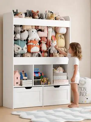 51.7" H Kids Toy Storage Organizer with 100L Stuffed Animal Storage Zoo, 3-Tier Montessori Wooden Bookshelf with 2 Movable Bins and 3 Cubes, Tall Storage Cabinet for Kids Room Playroom Nursery, White 51.7" H Kids Toy Storage Organizer with 100L Stuffed Animal Storage Zoo, 3-Tier Montessori Wooden Bookshelf with 2 Movable Bins and 3 Cubes, Tall Storage Cabinet for Kids Room Playroom Nursery, White