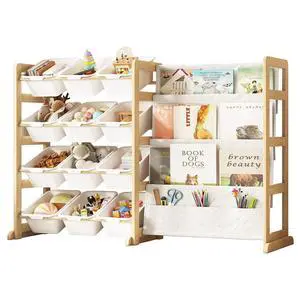 Toy Storage Organizer with Bookshelf, Kids Toy Organizer and Storage Shelf with 12 White Bins, Solid Pine Wood Book Rack for Playroom, Nursery, Kids Room, Toys and Books Toy Storage Organizer with Bookshelf, Kids Toy Organizer and Storage Shelf with 12 White Bins, Solid Pine Wood Book Rack for Playroom, Nursery, Kids Room, Toys and Books