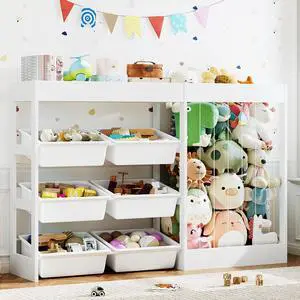 50.6" W Toy Storage, 3-in-1 Large Kids Toy Organizers and Storage with Stuffed Animal Zoo, 6 Removable Plastic Bins, Wooden Toddler Cabinet for Girls Boys Playroom, Nursery, Home Decor(White) 50.6" W Toy Storage, 3-in-1 Large Kids Toy Organizers and Storage with Stuffed Animal Zoo, 6 Removable Plastic Bins, Wooden Toddler Cabinet for Girls Boys Playroom, Nursery, Home Decor(White)