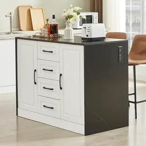 47" Kitchen Island with Power Outlet & Imitation Marble, Black 47" Kitchen Island with Power Outlet & Imitation Marble, Black