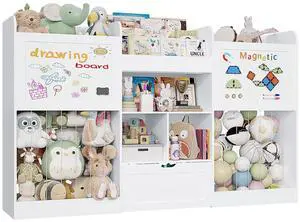 70.8" W Toy Organizers and Storage, 378L Large Stuffed Animal Storage with 3-Tier Bookshelf, 2 Magnetic Drawing Boards and Open Cubbies & Rolling Drawer for 120+ Plush Toys, Playroom Nursery, White 70.8" W Toy Organizers and Storage, 378L Large Stuffed Animal Storage with 3-Tier Bookshelf, 2 Magnetic Drawing Boards and Open Cubbies & Rolling Drawer for 120+ Plush Toys, Playroom Nursery, White