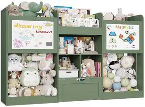 70.8" W Toy Organizers and Storage, 378L Large Stuffed Animal Storage with 3-Tier Bookshelf, 2 Magnetic Drawing Boards and Open Cubbies & Rolling Drawer for 120+ Plush Toys, Playroom Nursery, Green 70.8" W Toy Organizers and Storage, 378L Large Stuffed Animal Storage with 3-Tier Bookshelf, 2 Magnetic Drawing Boards and Open Cubbies & Rolling Drawer for 120+ Plush Toys, Playroom Nursery, Green