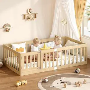 Twin Montessori Floor Bed with High Guardrails and 2 Door Latch, Solid Wood Toddler Bed Frame with 10 Slats and Supporting keel, Low-to-Floor for Crib-to-Bed Transition, Natural Twin Montessori Floor Bed with High Guardrails and 2 Door Latch, Solid Wood Toddler Bed Frame with 10 Slats and Supporting keel, Low-to-Floor for Crib-to-Bed Transition, Natural