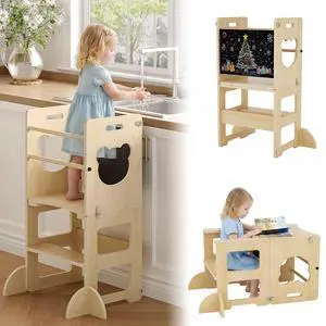 4-in-1 Toddler Kitchen Step Stool, Foldable Toddler Tower with Blackboard, Wooden Kitchen Stool Helper for Kids, Learning Standing Tower, 1-3 Year Old Boy Girl Gift 4-in-1 Toddler Kitchen Step Stool, Foldable Toddler Tower with Blackboard, Wooden Kitchen Stool Helper for Kids, Learning Standing Tower, 1-3 Year Old Boy Girl Gift