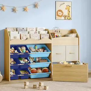 Kids Toy Organizer, Scalloped Shelf, 9 Blue Bins, Toy Chest Kids Toy Organizer, Scalloped Shelf, 9 Blue Bins, Toy Chest
