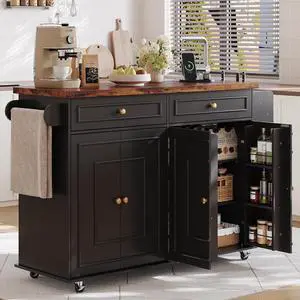 58" Kitchen Island with Power Outlet, Rolling Islands Cart, Black 58" Kitchen Island with Power Outlet, Rolling Islands Cart, Black