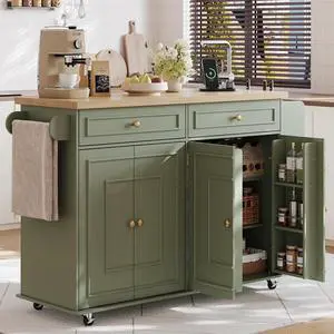 58" Kitchen Island with Power Outlet, Rolling Islands Cart, Green 58" Kitchen Island with Power Outlet, Rolling Islands Cart, Green