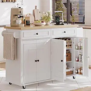 58" Kitchen Island with Power Outlet, Rolling Islands Cart, White 58" Kitchen Island with Power Outlet, Rolling Islands Cart, White