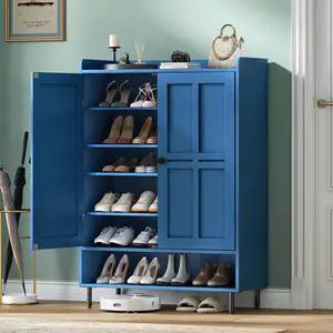 Shoe Storage Cabinet with 2 Doors, 6-Tier Shoe Cabinet with 3 Adjustable Shelves and Metal Legs, 45'' Tall Shoe Rack Organizer Cabinet for Entryway, Front Door, Blue Shoe Storage Cabinet with 2 Doors, 6-Tier Shoe Cabinet with 3 Adjustable Shelves and Metal Legs, 45'' Tall Shoe Rack Organizer Cabinet for Entryway, Front Door, Blue