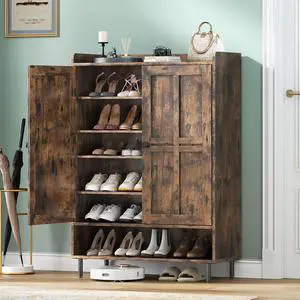 Shoe Storage Cabinet with 2 Doors, 6-Tier Shoe Cabinet with 3 Adjustable Shelves and Metal Legs, 45'' Tall Shoe Rack Organizer Cabinet for Entryway, Front Door, Rustic Brown Shoe Storage Cabinet with 2 Doors, 6-Tier Shoe Cabinet with 3 Adjustable Shelves and Metal Legs, 45'' Tall Shoe Rack Organizer Cabinet for Entryway, Front Door, Rustic Brown