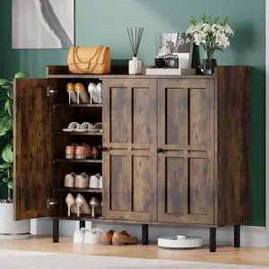 Shoe Storage Cabinet with 3 Doors, 8-Tier Shoe Cabinet with 5 Adjustable Shelves and Metal Legs, 40'' Tall Shoe Rack Organizer Cabinet for Entryway, Front Door, Rustic Brown Shoe Storage Cabinet with 3 Doors, 8-Tier Shoe Cabinet with 5 Adjustable Shelves and Metal Legs, 40'' Tall Shoe Rack Organizer Cabinet for Entryway, Front Door, Rustic Brown