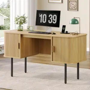 63 Inch Fluted Computer Desk with Power Outlets, Oak 63 Inch Fluted Computer Desk with Power Outlets, Oak