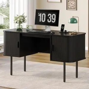 55 Inch Fluted Computer Desk with Power Outlets, Black 55 Inch Fluted Computer Desk with Power Outlets, Black