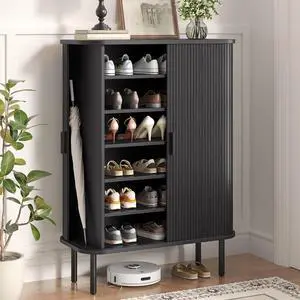 6-Tier Shoe Storage Cabinet for Entryway with Sliding Doors Black 6-Tier Shoe Storage Cabinet for Entryway with Sliding Doors Black