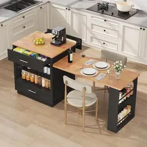 Kitchen Island with Extendable Dining Table, Black Kitchen Island with Extendable Dining Table, Black